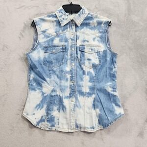 Vintage‎ AT Denim Vest Womens M Blue Acid Wash Denim Snap Front Pockets Western